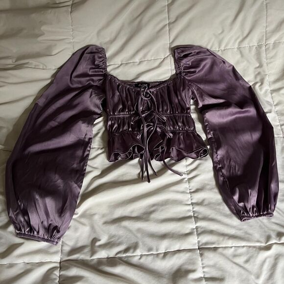 Y2K Purple Mixed Threads Los Angeles Satin Long Sleeves Tie Front Crop Top - Picture 3 of 8